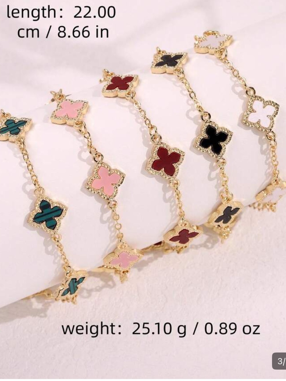 5pc Gold Clover-Link Women's Bracelet Pink Black White Green Red Enamel fashion - Picture 3 of 3
